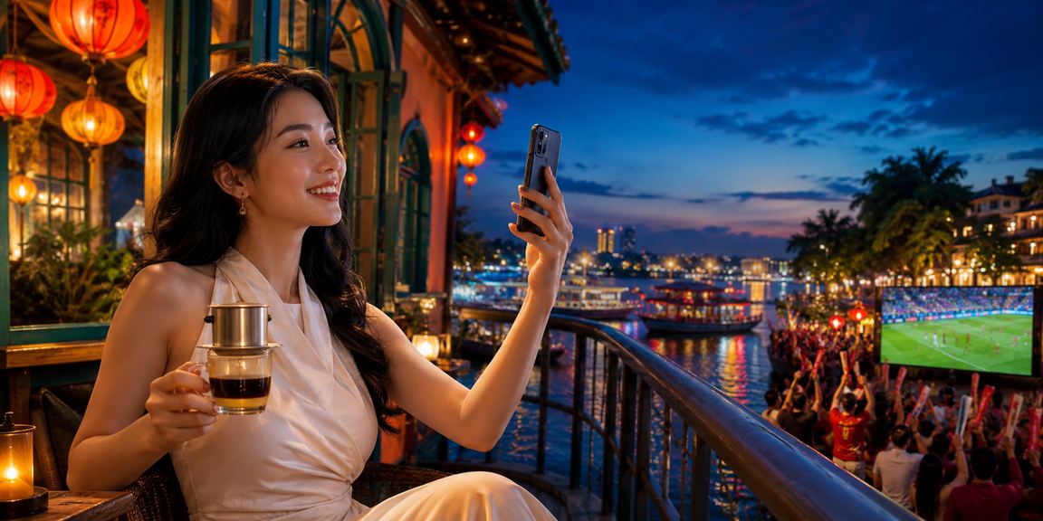 Người dùng Hà Nội chơi casino trên điện thoại bên ly cà phê sáng